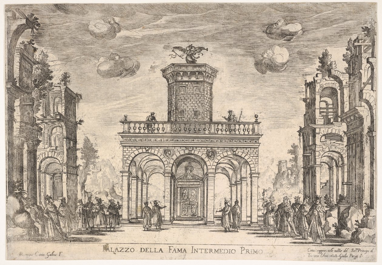 Første mellomspill: palace of fame Mellom sjette: palace of fame, fra seriens S ..., 1608. av Remigio Cantagallina