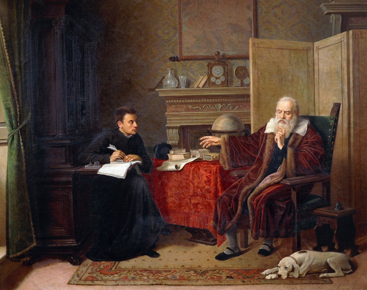 Galileo Galilei (1564-1642) dikterer sine observasjoner til sin sekretær i Arcetri (maleri) av Remigio Cantagallina