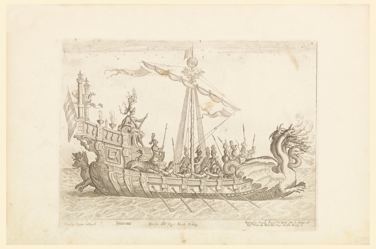 Hercole barca del Sig. Nicolo Cimenes, fra Vessels of the Argonauts for bryllupsfeiringen til Cosimo de' Medici i 1608, plate 19 av Remigio Cantagallina