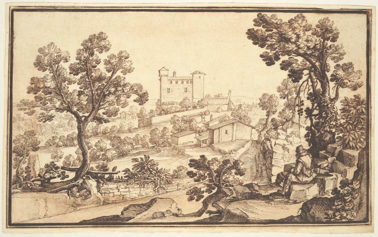 Landskap med en mann som hviler, gårdshus og et slott av Remigio Cantagallina