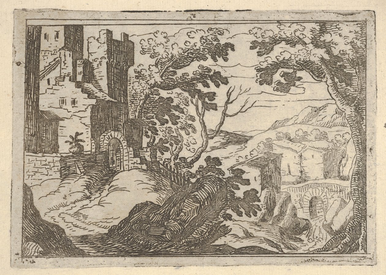 Landskap med bygninger til venstre og bro til høyre under, ca. 1620-50. av Remigio Cantagallina