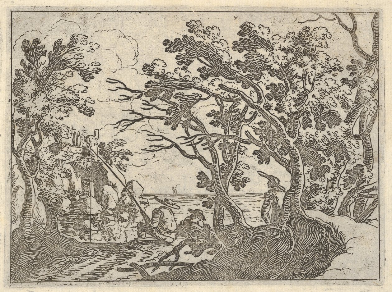 Landskap med landfisker og mannlig tilskuer under trær, en mann i båtbaug..., ca. 1620-50. av Remigio Cantagallina