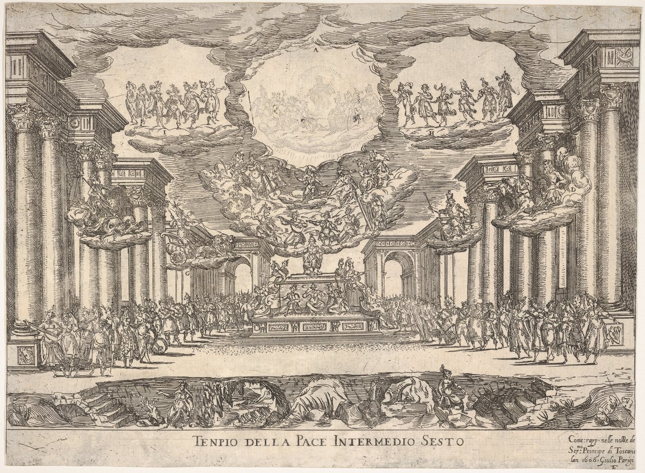 Sjette mellomspill: fredens tempel Intermedio sesto: tempio della pace, fra serien S..., 1608. av Remigio Cantagallina