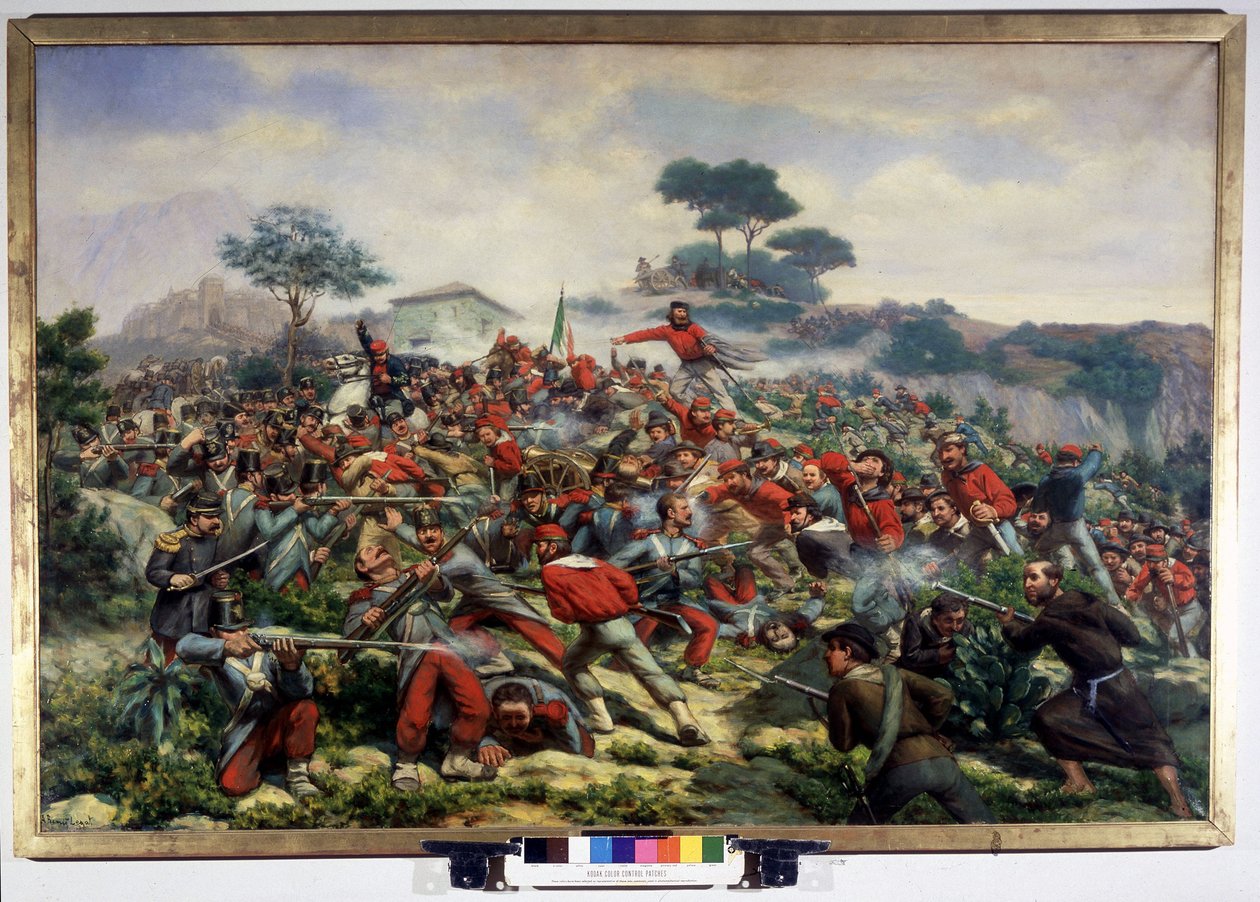 Risorgimento: slaget ved Calatafimi på Sicilia mot troppene til Giuseppe Garibaldi (1807-1882), Tusen har hæren til kongeriket av de to Siciliene, 15/05/1860-maleriet av Remigio Legat. Museo del Risorgimento. Milan av Remigio Legat