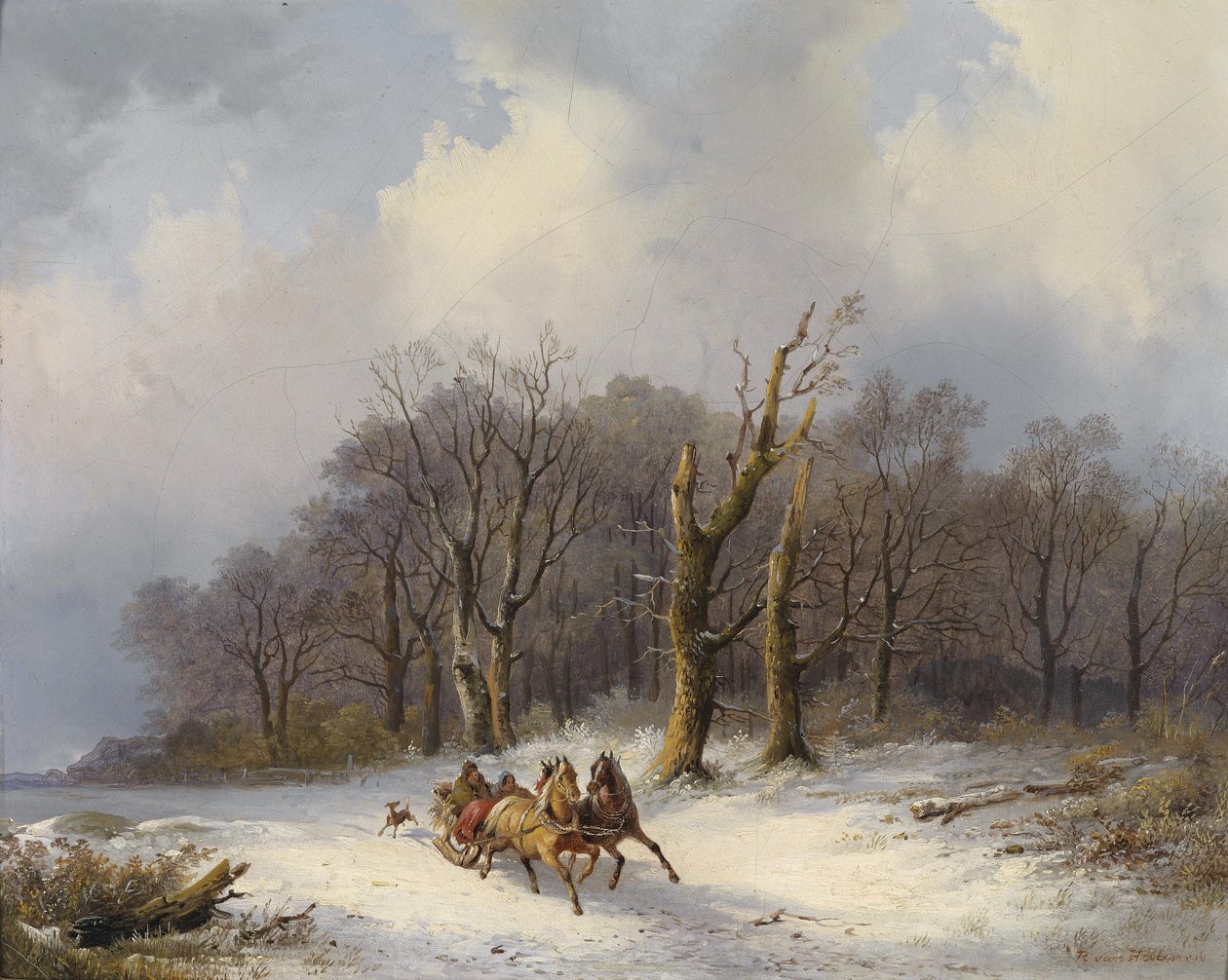 Vinterlandskap med hestetrekk i forgrunnen av Remigius Adrianus Haanen