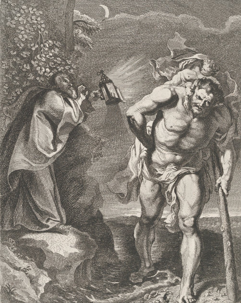 Den hellige Christopher bærer Kristusbarnet over en bekk, en annen mann holder en ..., ca. 1636-80. av Remoldus Eynhoudts