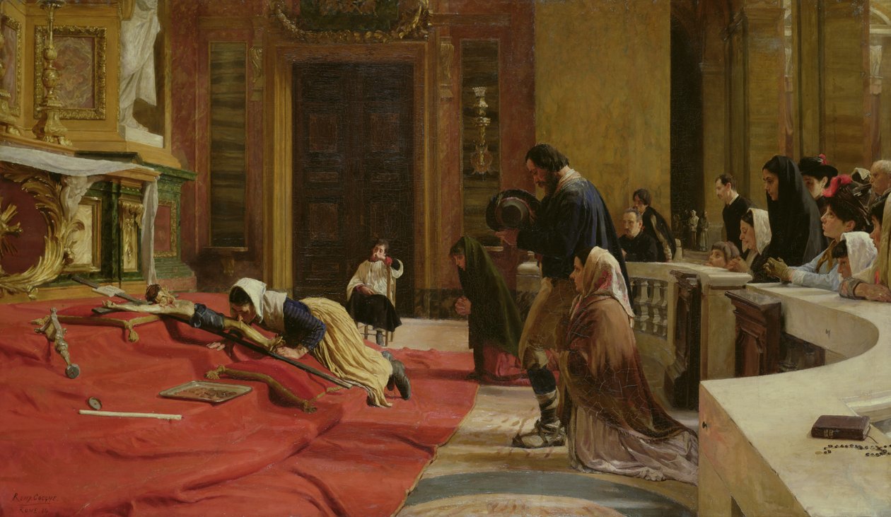 Kryper til korset på langfredag ved kirken San Carlo ai Catinari, Roma, 1884 av Remy Cogghe