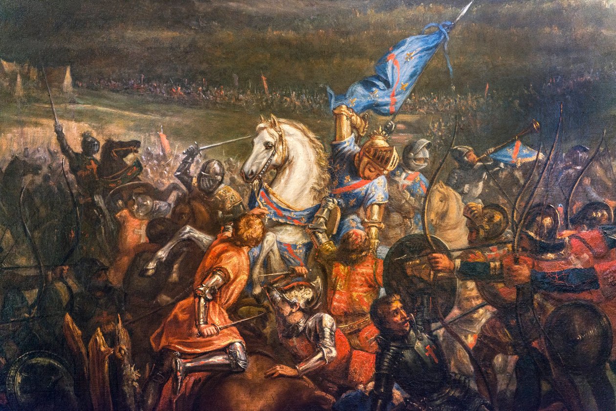 Hundreårskrigen: slaget ved Formigny (Calvados) 15.04.1450 mellom den engelske hæren til Thomas Kyriell (1396-1461) og den til Jean de Clermont (død 1356) - detalj av maleriet av Remy Eugene Julien ( 1797-1868) - Musee d