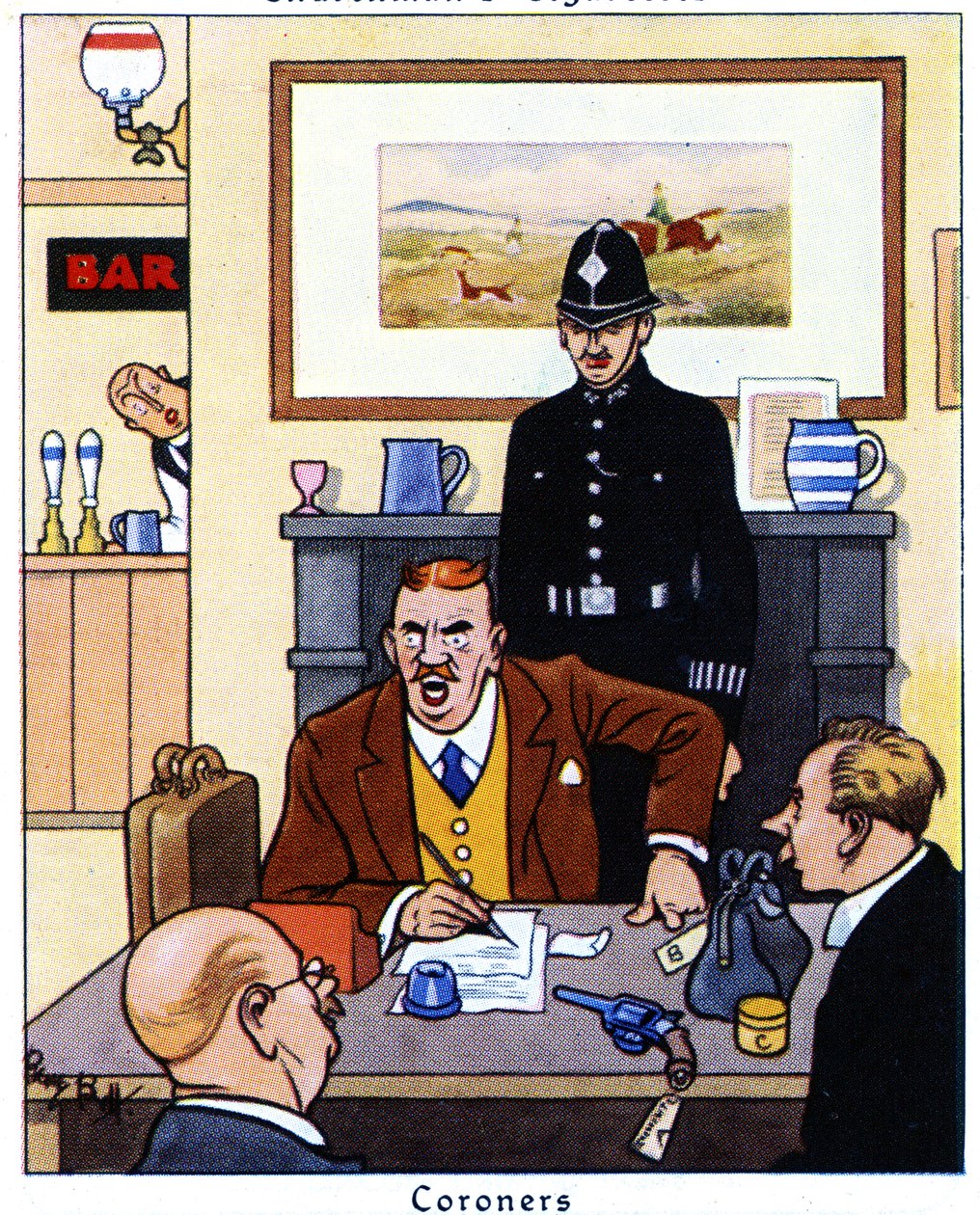 Coroner gjennomfører en undersøkelse av årsakene og omstendighetene til et dødsfall, 1936 av René Bull