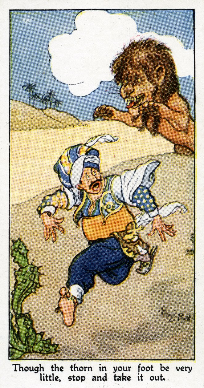 "Selv om tornen i foten din er veldig liten, stopp og ta den ut", 1931 (se også 498223) av René Bull