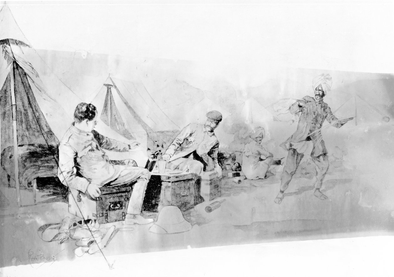 War Correspondents' Uncomfortable Experience, publisert i 'Black und White', januar 1898 (litografi) av René Bull