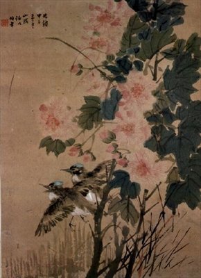 Fugler på en blomstrende busk (blekk og wc på papir) av Ren Yi 1840 96 Ren Yi 1840 96