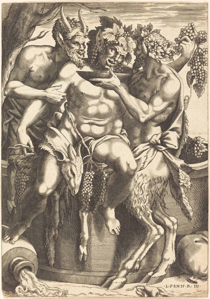 To satyrer som gir drikke til Bacchus av René Boyvin after Luca Penni
