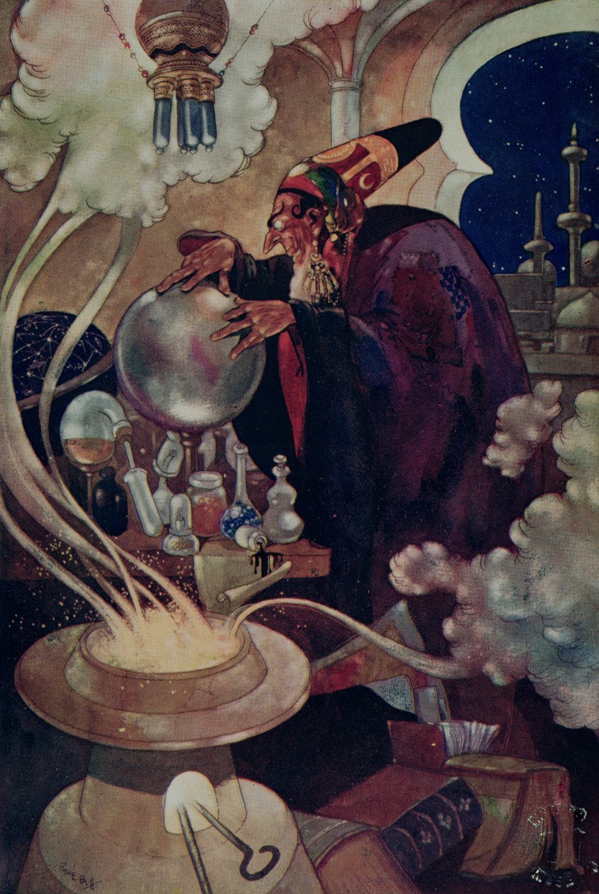 "Etter et langt og nøye forløp med magiske henvendelser" fra "The Arabian Nights" (farge litho) av René Bull
