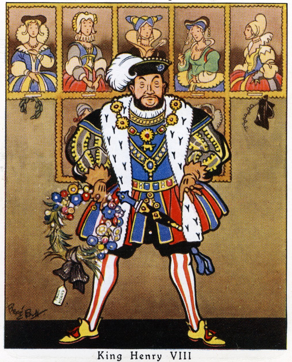Kong Henry VIII dekorerte portrettene av konene sine med kristtorn, misteltein og en krans til jul, 1936 av René Bull