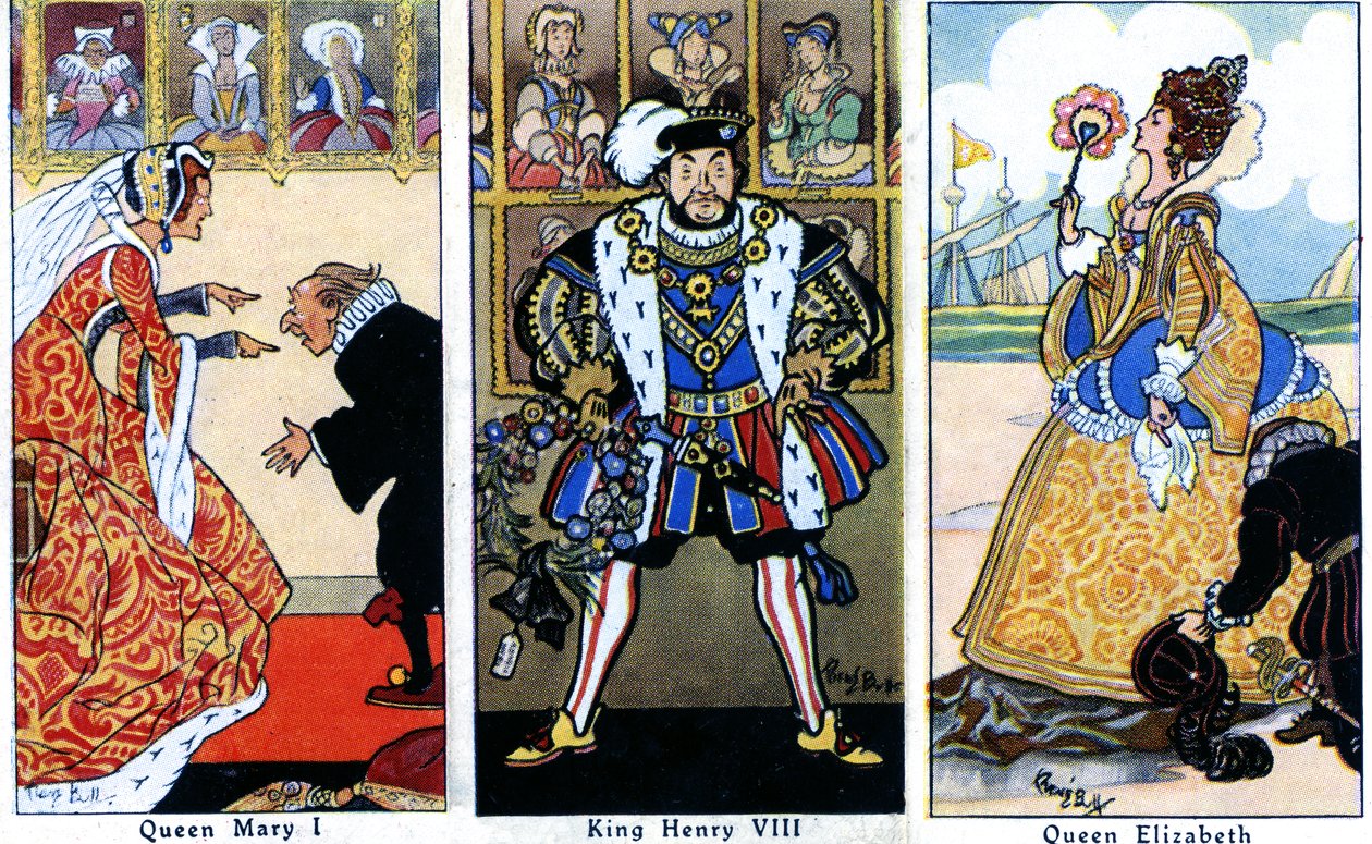 Kong Henry VIII med sine to døtre, Mary I og Elizabeth I, 1936 av René Bull