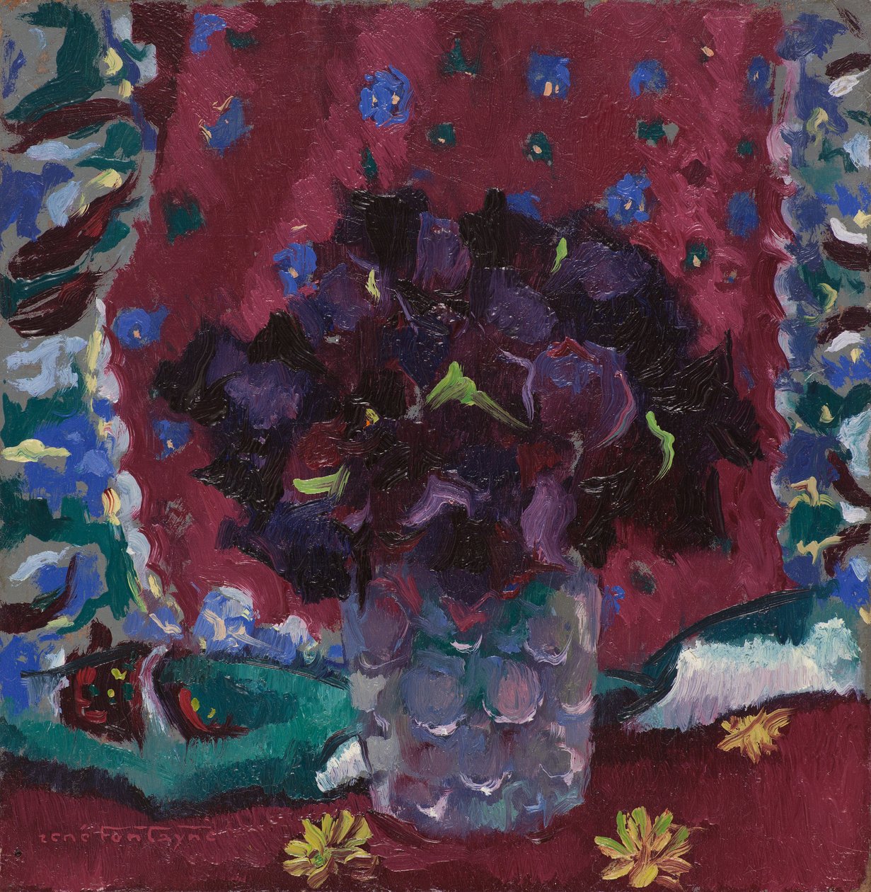 Blå stemorsblomster i et glass av René Fontayne