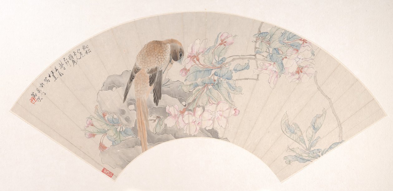 Fugl på en stein ved en blomstrende gren, datert 1879. av Ren Xun
