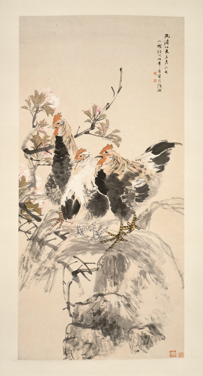 Haner og blomstrende aprikoser av Ren Yi
