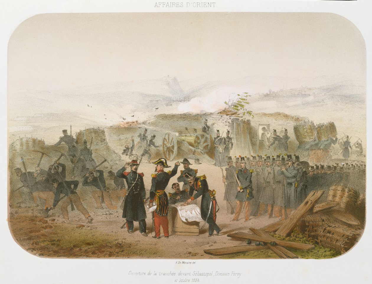 Bygge en grøft foran Sebastopol, 10. oktober 1854, 1854 (fargelitografi) av Rene Demoraine