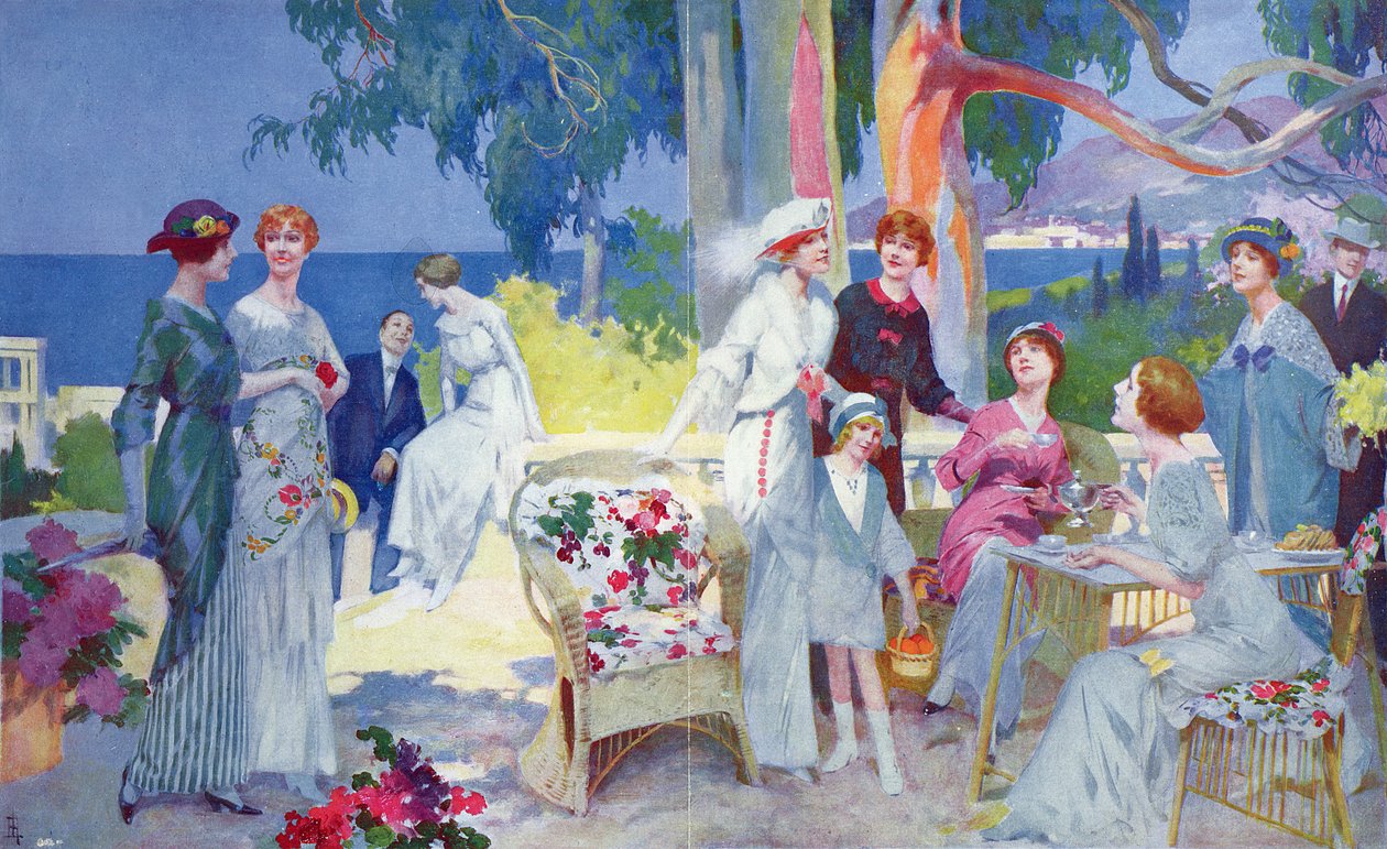 Tea Party i en hage på den franske rivieraen, illustrasjon fra 