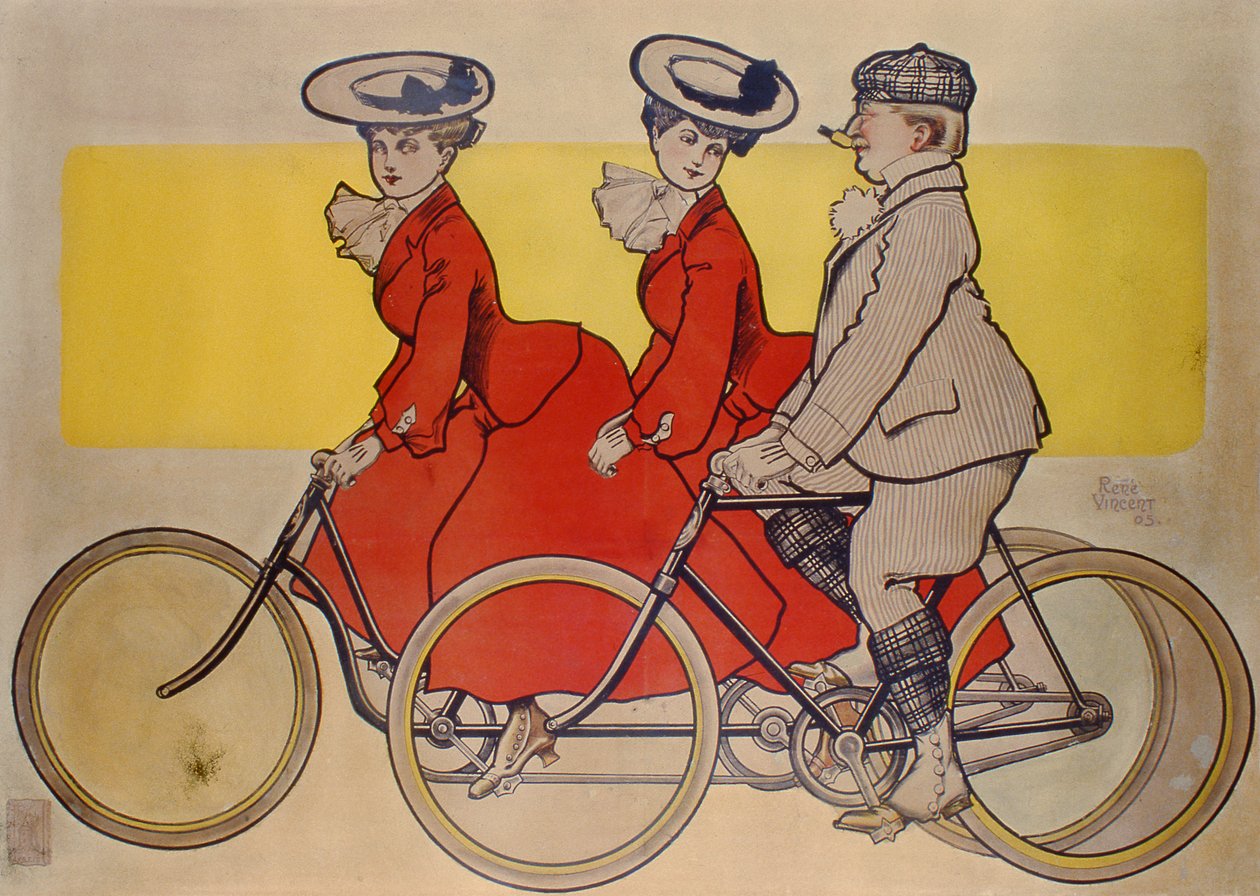 Mann på sykkel og kvinner på tandem, 1905 (fargegravering) av Rene Vincent