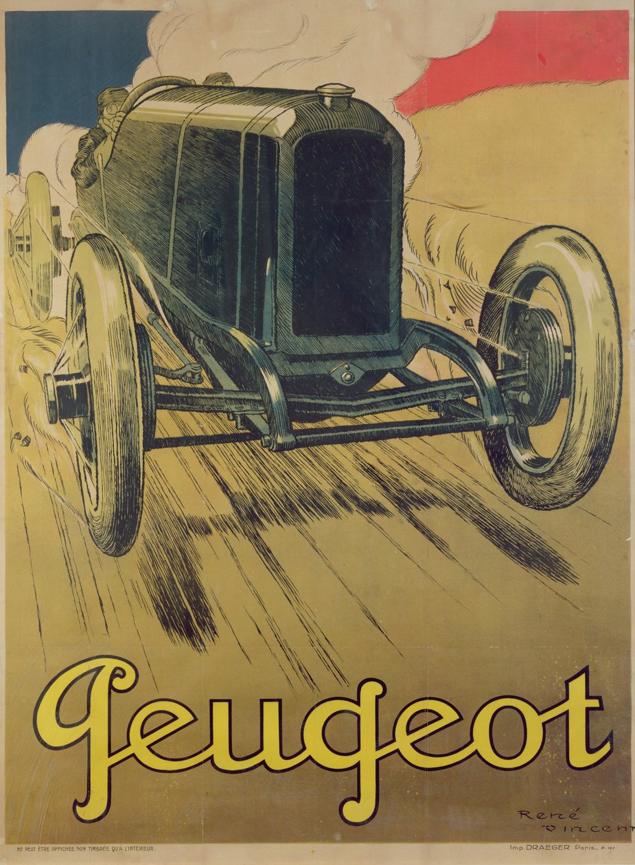 Plakat som reklamerer for en Peugeot racerbil, ca. 1918 av Rene Vincent