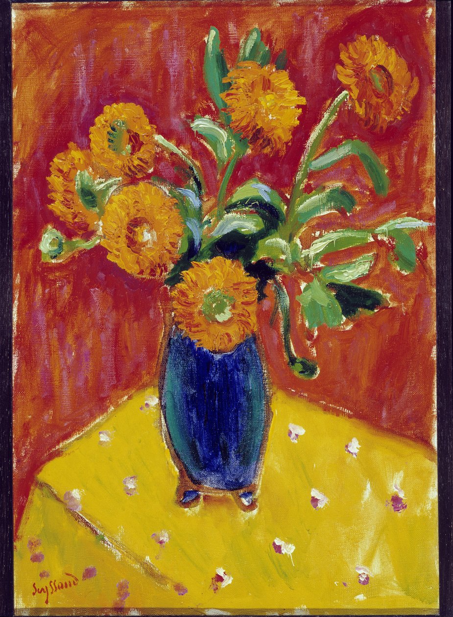Bukett med peoner i en blå vase (olje på lerret) av Rene Auguste Seyssaud