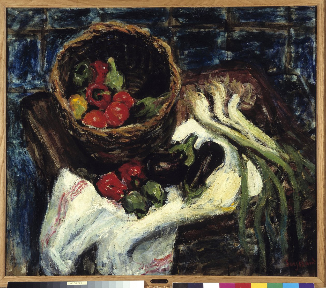 Stilleben i grønnsakskurv, paprika, aubergine og purre (olje på lerret) av Rene Auguste Seyssaud