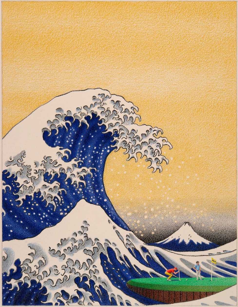 HOKUSAI-Golf, 2021, Fargeblyanttegning på papir av Rene Boin
