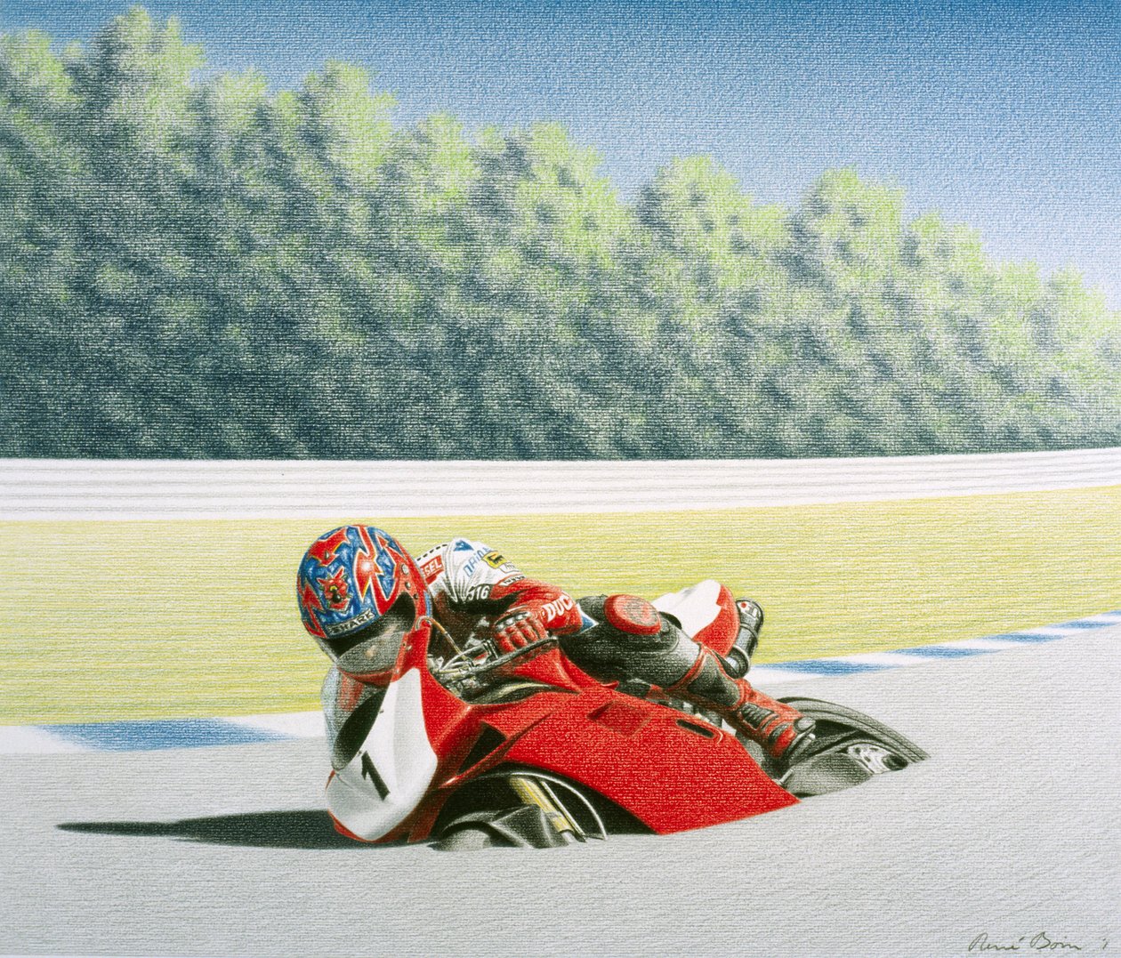 Roadrace, 2001, Fargeblyanttegning på papir av Rene Boin