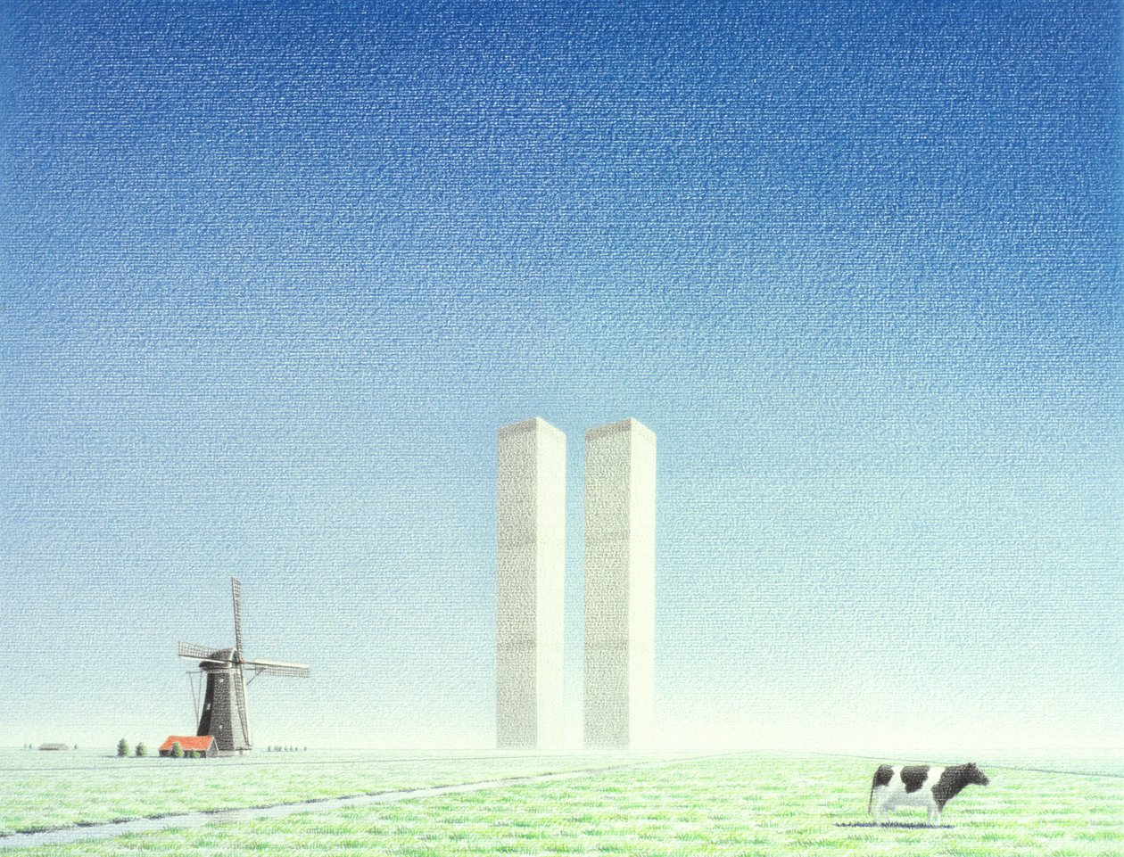 Twin Towers, 2001, Fargeblyanttegning på papir av Rene Boin