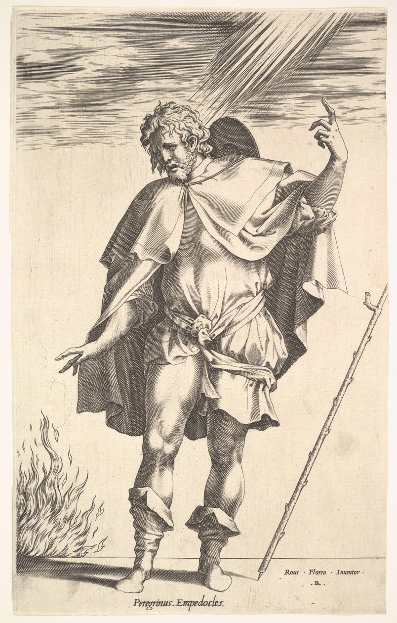 Empedocles, stående frontalt med hodet snudd i trekvart syn, dirigerer ..., ca. 1545-63. av Rene Boyvin