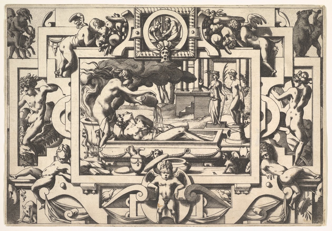 Medea heller en trylledrikk over Jason King Aeson, så avfeldig og avfeldig, i et kar hun..., 1563. av Rene Boyvin