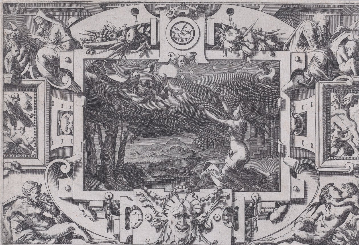 Medea and Her Chariot Drawn by Dragons Rullet og naken på en mørk natt, på et øde sted..., 1563. av Rene Boyvin