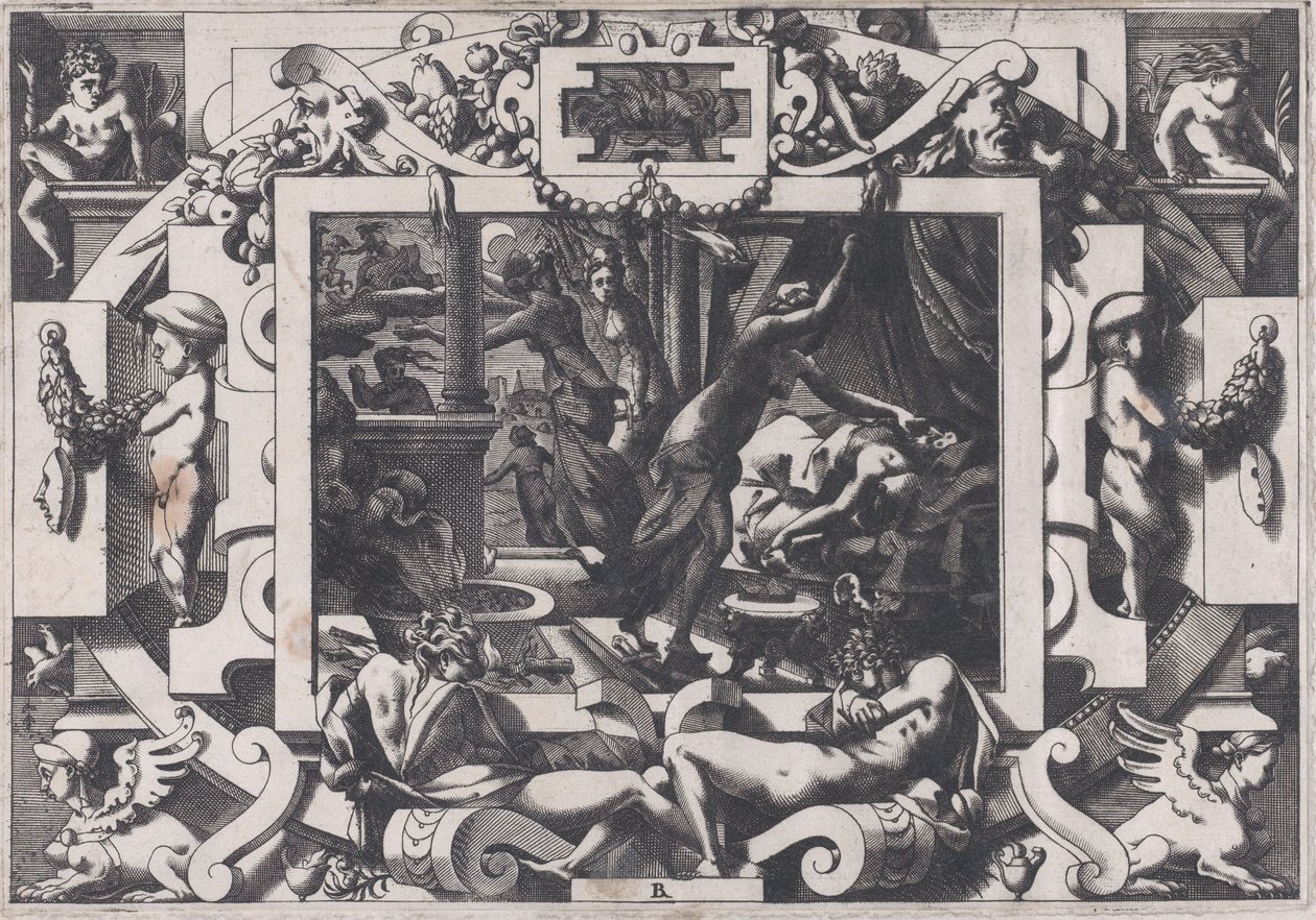Pelias drept av sine døtre, hvis medlidenhet de tar motet hans blod til å tømme innen v..., 1563. av Rene Boyvin