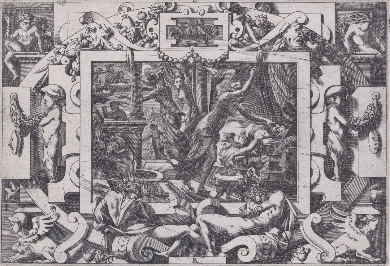 Pelias drept av sine døtre, hvis medlidenhet de tar motet hans blod til å tømme innen v..., 1563. av Rene Boyvin