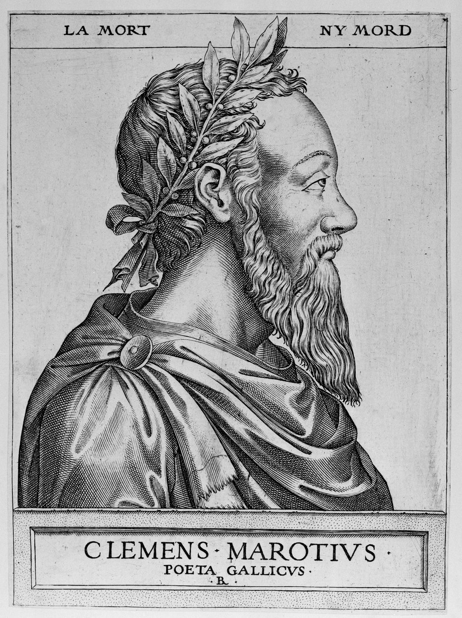 Portrett av Clement des Marets kalt Marot (1496-1544), fransk poet - Clement Marotius poeta gallicus gravering av Rene Boyvin 1576 - av Rene Boyvin