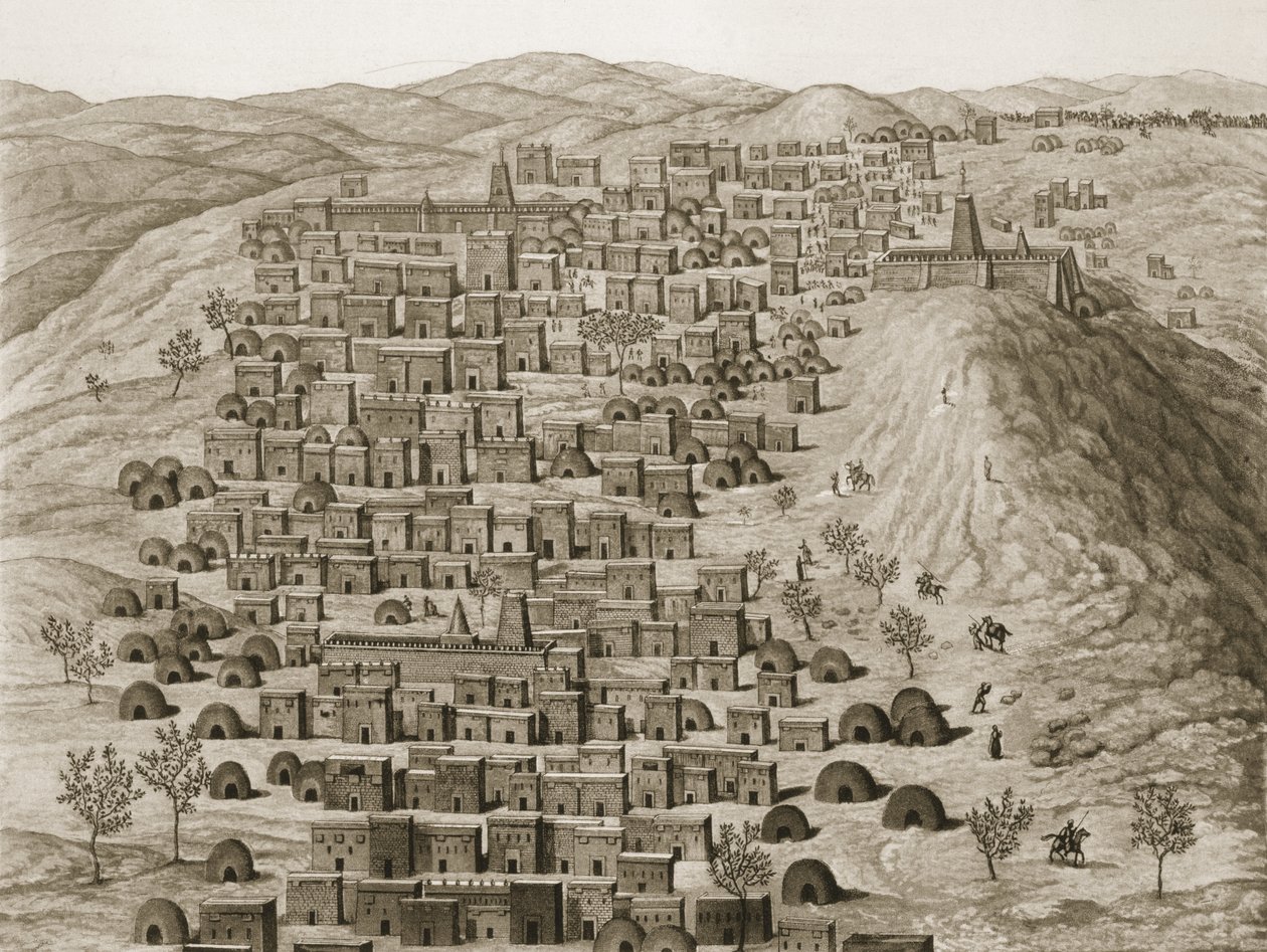 Utsikt over en del av byen Timbuktu fra en høyde, illustrasjon fra Journal dun Voyage a Tombouctou et a Jenne, 1830 av Rene Caillie