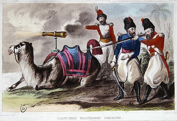 Persiske militærkostymer fra det nittende århundre og en kamel som bærer en kanon, ca. 1840 (litho-farge) av Rene Demoraine