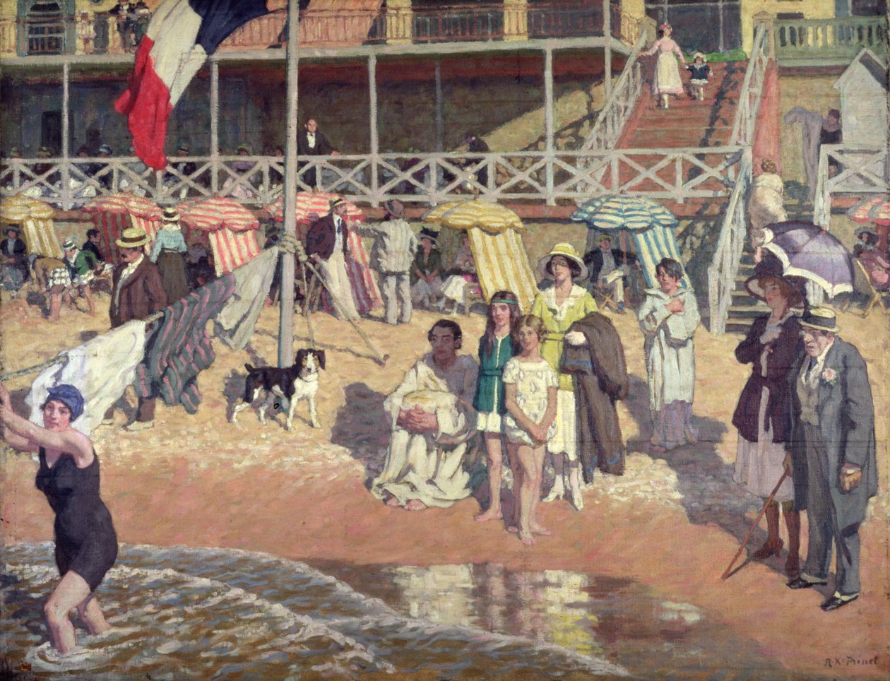 Badende foran Grand Hotel, Cabourg, ca. 1920 (olje på panel) av René François Xavier Prinet