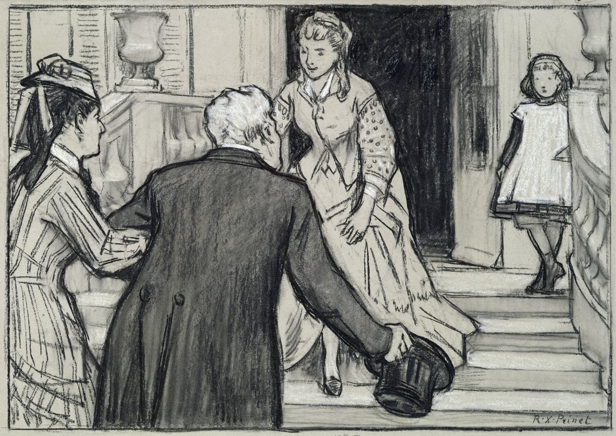 Besøket, illustrasjon fra La Jeune Fille Bien Elevee av Rene Boylesve (svart-hvitt kritt på papir) av René François Xavier Prinet