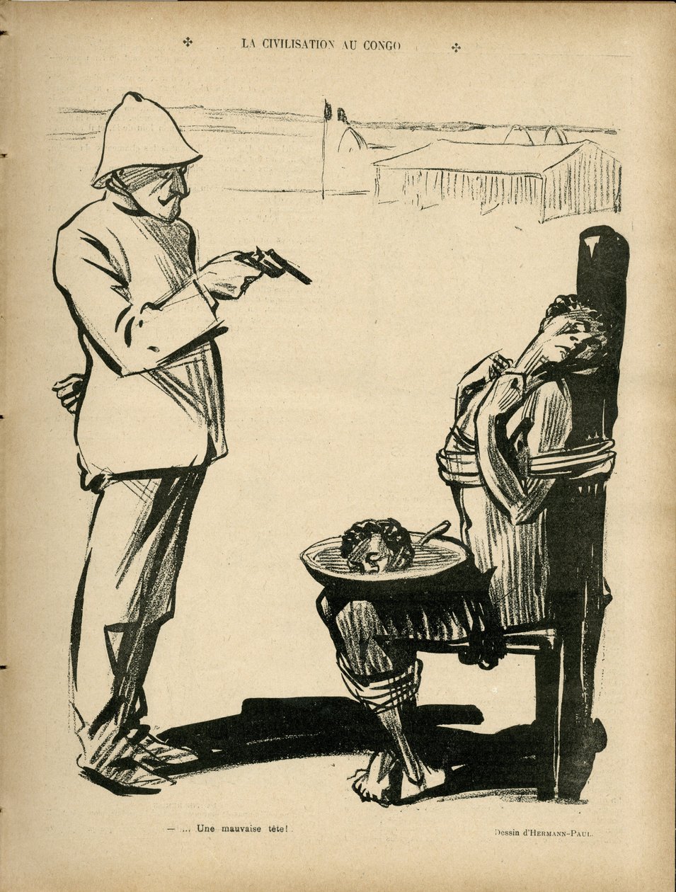 Illustrasjon av Hermann-Paul (1864-1940) i Le Rire, 04/03/05 - La civilization au congo - Kolonisering kolonialisme kolonier, Kongo, Antikolonialisme - Svart av Rene George Hermann Paul