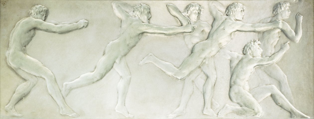Et figurelt panel av støpt glass som viser seks nakne mannlige idrettsutøvere, av Rene Jules Lalique