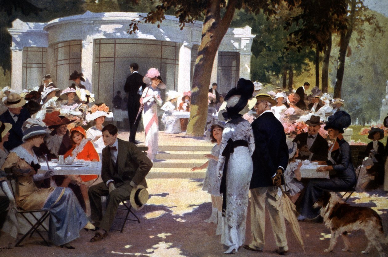 På Vittel spa: folk drikker forfriskninger, tidlig på 1900-tallet (illustrasjon) av Rene Lelong