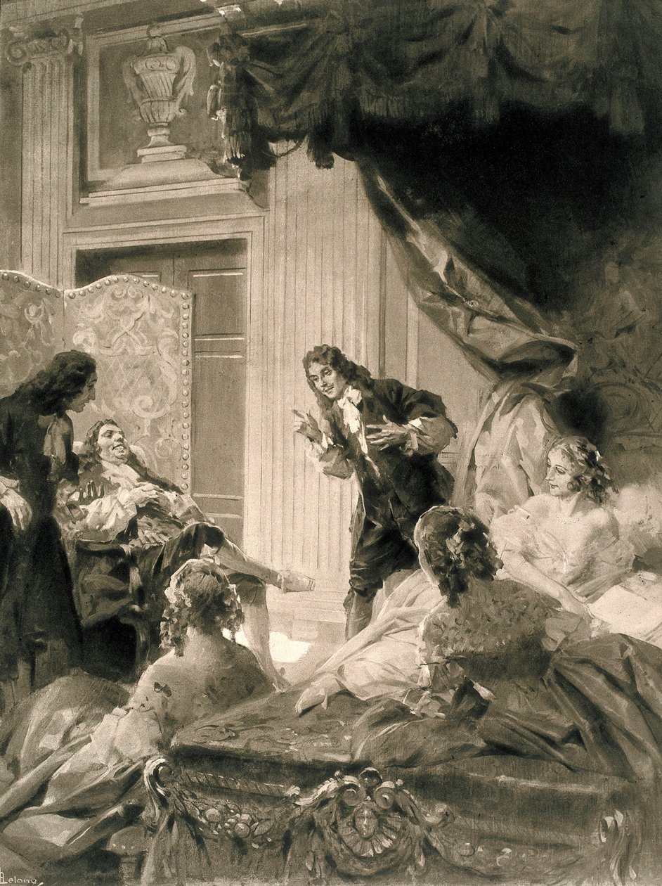 Scene av stykket "Le Malade Imaginaire" av Jean Baptiste Poquelin dit MOLIERE (1622-1673), slutten av 1800-tallet - begynnelsen av 1900-tallet (maleri) av Rene Lelong