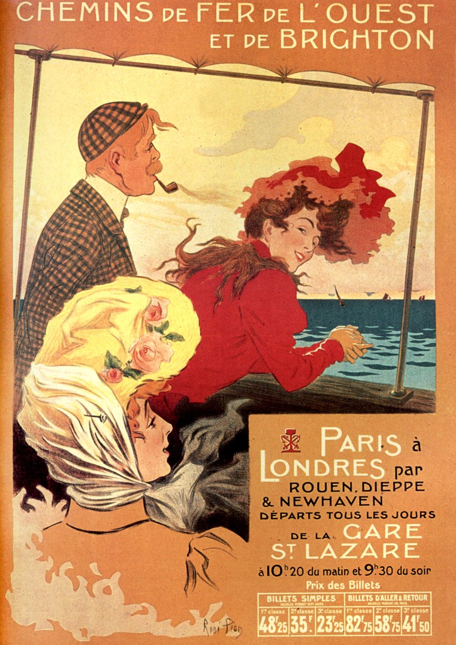 Annonseplakat av Rene Pean for West og Brighton jernbaneselskap for Paris London-linjen via Rouen, Dieppe og Newhaven, sent på 1800-tallet av Rene Pean