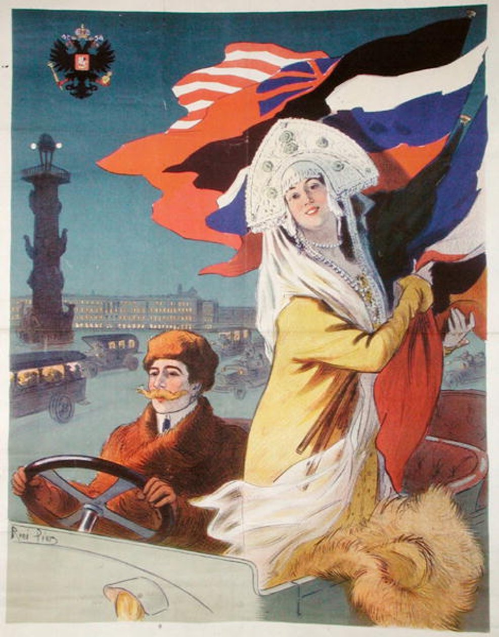 Par i en bil i St.Petersburg, plakat som reklamerer for en fransk bil bestemt til det russiske markedet, ca. 1912 (farge litho) av Rene Pean