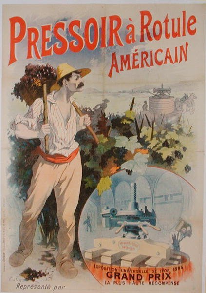 Plakat som reklamerer for en amerikansk vinpresse, utstilt på Exposition Universelle de Lyon av Rene Pean