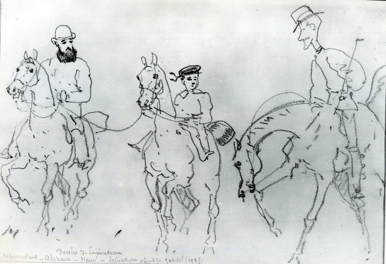 Tre ryttere: Henri de Toulouse-Lautrec (1864-1901) mellom hans far, grev Alphonse og kunstneren av Rene Princeteau